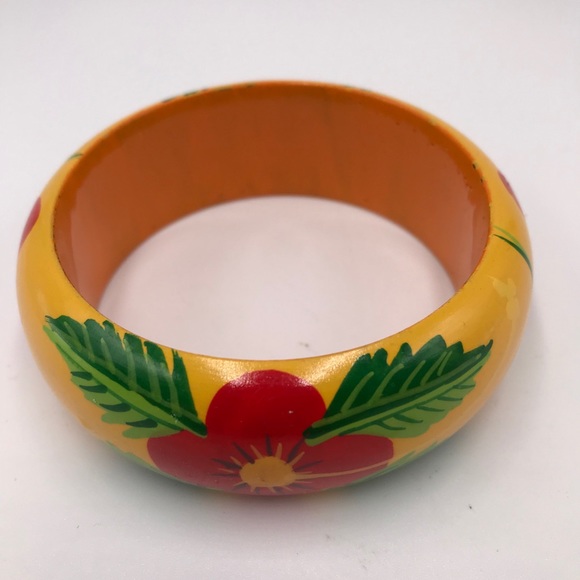 Wood Bangle Hand Painted Flower Bracelet Yellow Cuff Bohemian Boho Lightweight - Picture 4 of 4